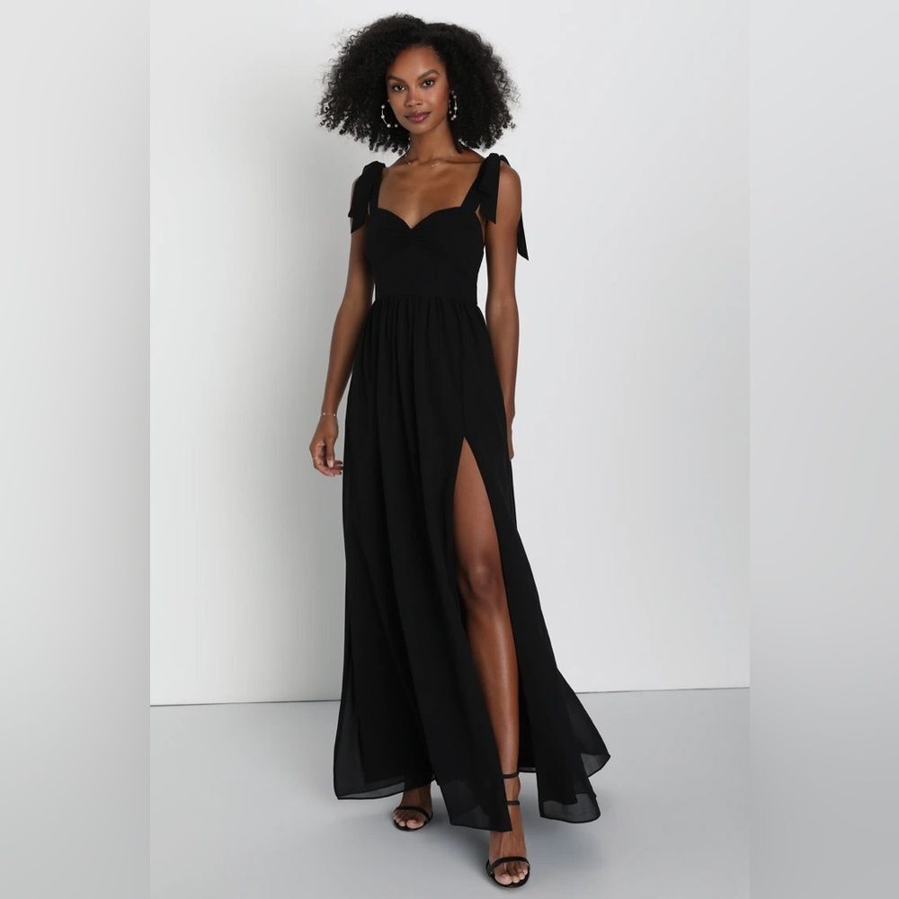 Lulus Radiant Charisma Black Chiffon Ruched Tie-Strap Maxi Dress